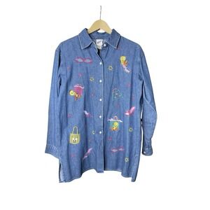 Warner Bros Studio Store Tweety Bird Denim Button Shirt Womens Small Embroidered